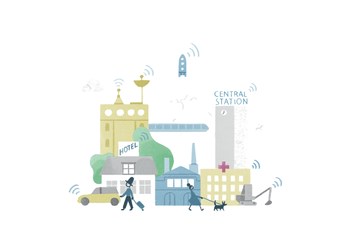 IoT city panorama — hotel, central station, hospital, rocket, all connected. The 2028 scale Airfy targets.