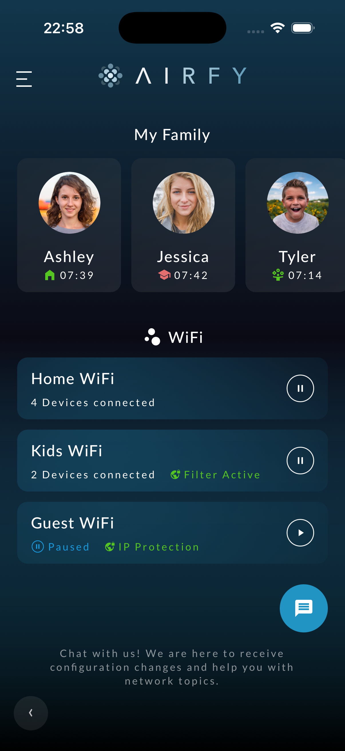 Airfy family app screen with simple per-room WiFi controls and an AI guide ready for the next question.